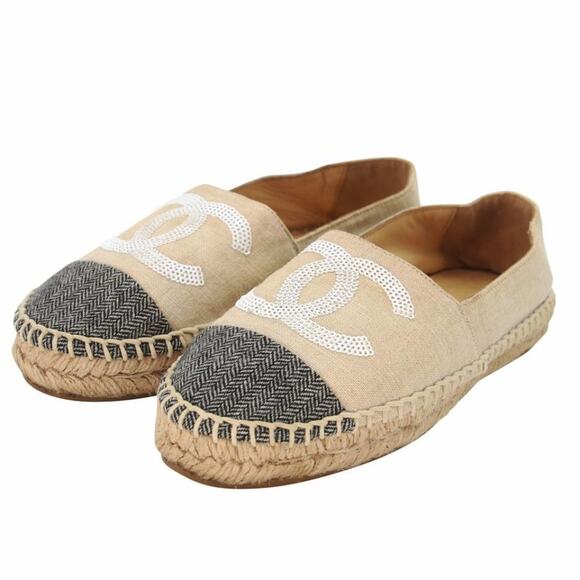 Chanel Espadrille 37 Glitter Fabric Leather Cc Cap Toe Flats CC-S0207P-C026 - Picture 4 of 11